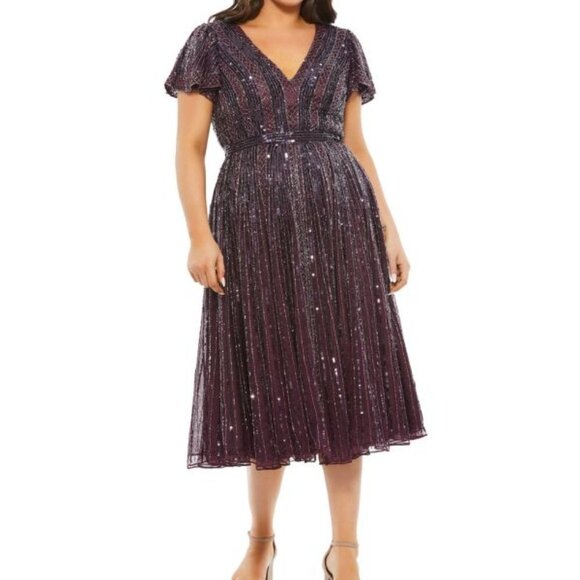 Mac Duggal Purple Aubergine Embellished Flutter Sleeve Midi Dress